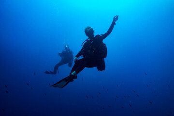 Scuba divers couple standing still in deep blue