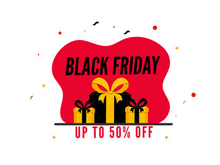 Black Friday Sale Poster Design with 50% Discount Offer and Gift Boxes on Red and White Background.