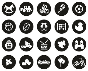 Toys Icons White On Black Flat Design Circle Set Big