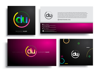 Letter DU logotype with colorful circle, letter combination logo design with ring, sets of business card for company identity, creative industry, web, isolated on white background.