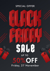 Black Friday Sale Template or Poster Design with 50% Discount Offer and Gift Boxes.