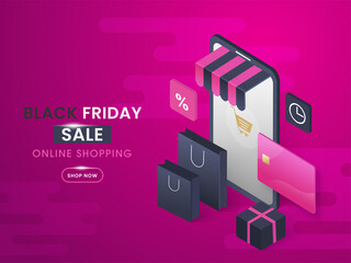 Fototapeta na wymiar Online Shopping from 3d Smartphone with Carry Bags, Gift Box and Payment Card on Dark Pink Background for Black Friday Sale.