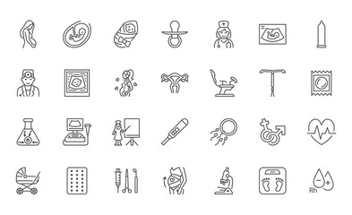 Gynecology flat line icons set. Pregnancy test, baby ultrasound, obstetrics doctor, embryo in uterus, infertility, ivf vector illustrations. Outline signs pregnant woman health, hospital infographic