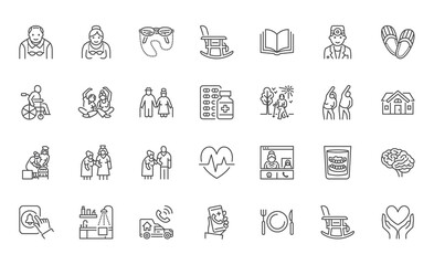 Senior people flat line icons set. Old man and woman exercising, active grandparents, wheelchair, alzheimer nursing home doctor vector illustrations. Outline signs for elder citizens infographic