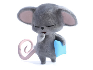 3D rendering of a cute sleepy mouse holding pillow.