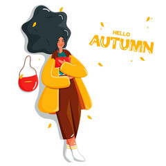 Young Girl Reading a Book While Lying Down with Handbag on White Background for Hello Autumn.