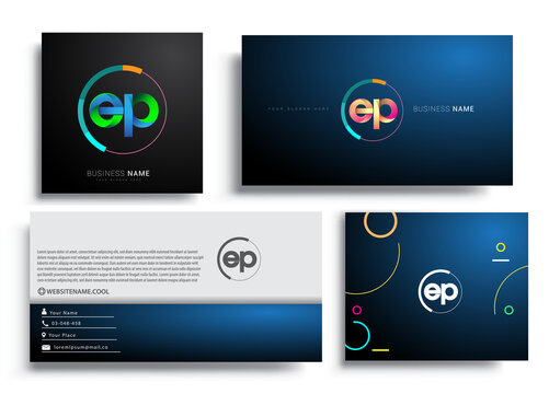 Letter EP logotype with colorful circle, letter combination logo design with ring, sets of business card for company identity, creative industry, web, isolated on white background.