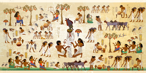 Life in ancient Egypt, frescoes. Egyptians history art. Hieroglyphic carvings on exterior walls of an old temple. Agriculture, workmanship, fishery, farm