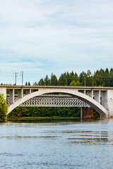 Autumn landscape of bridge and Kymijoki river waters in Finland, Kouvola, Koria