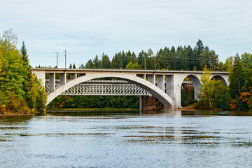 Autumn landscape of bridge and Kymijoki river waters in Finland, Kouvola, Koria