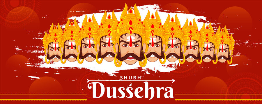 Shubh (Happy) Dussehra Header or Banner Design with Illustration of Ravan Demon Ten Heads Cut and White Brush Stroke Effect on Red Background.