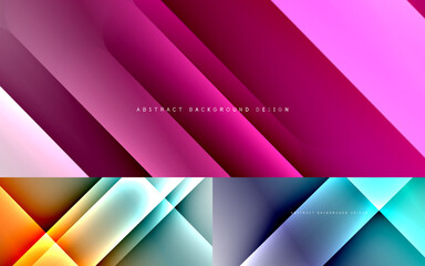 Dynamic diagonal lines abstract background set. Modern trendy techno templates with shadow lines on fluid gradients. Vector wallpaper designs