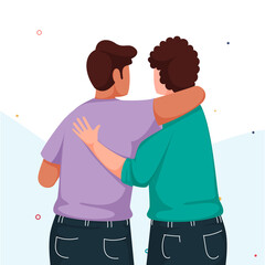 Back View of Two Young Boys Hugging on White Background.