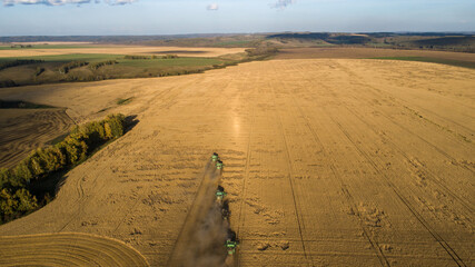 A beautiful shot of the harvest in the light of the setting sun golden hour. Combine group. Harvester harvests wheat. Wheat field. Agricultural industry. Tractors and combines work in the field.