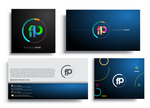 Letter FP logotype with colorful circle, letter combination logo design with ring, sets of business card for company identity, creative industry, web, isolated on white background.