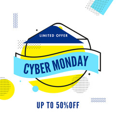 Cyber Monday Sale Poster Design with 50% Discount Offer on Abstract Background.