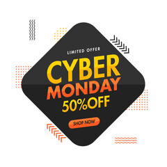 Cyber Monday Sale Poster Design with 50% Discount Offer on Black Square Shape and White Background.