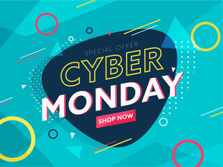 Special Offer Cyber Monday Poster Design with Geometric Elements on Turquoise Background.