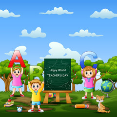 Happy World Teacher day on sign with kids holding ABC letter
