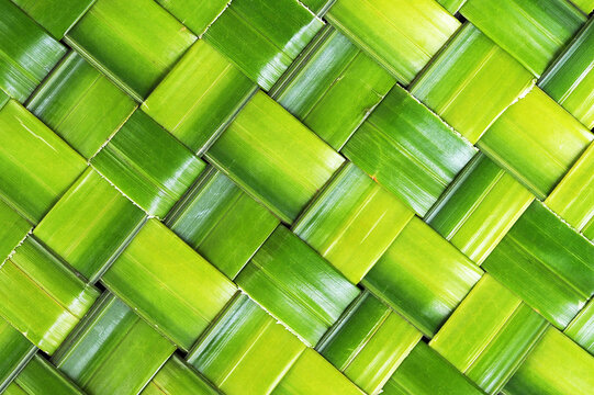 wicker, zigzag weave of coconut palm leaf, green foliage interlace texture background