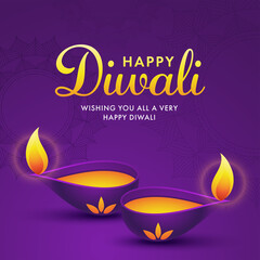 Wishing You All A Very Happy Diwali Text with Lit Oil Lamps (Diya) on Purple Mandala Pattern Background.