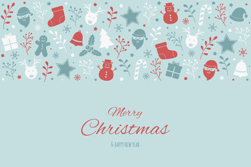 Christmas greeting card with festive decorations. Xmas background with beautiful calligraphy. Vector