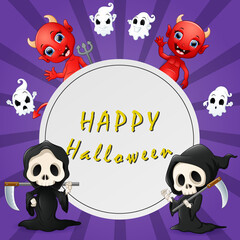 Happy Halloween text with grim reaper and red devil on the sign