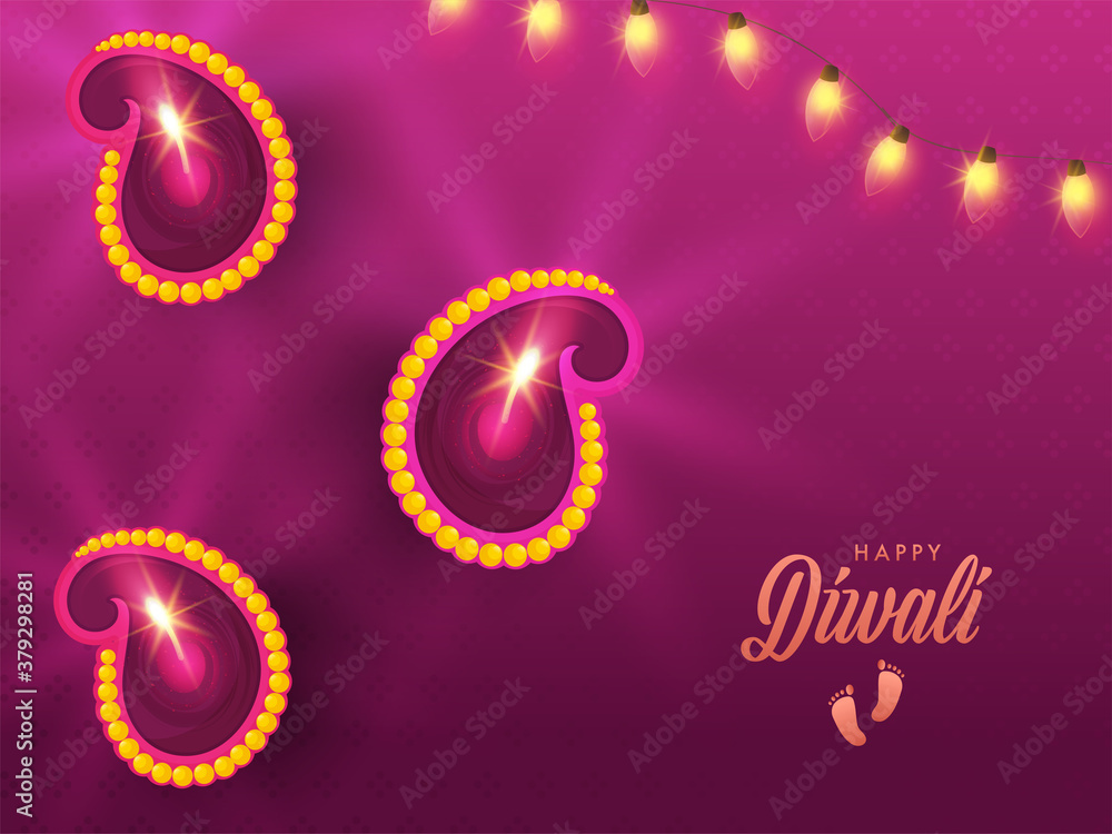 Sticker top view of illuminated oil lamps (diya) and hanging lighting garland decorated on dark magenta mand