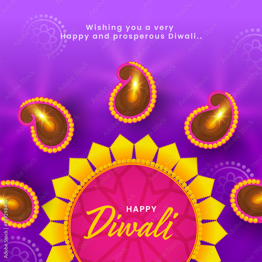 Sticker Happy Diwali Font with Rangoli Pattern and Top View Illuminated Oil Lamps (Diya) Decorated on Purple Background.