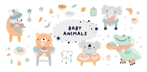 Baby shower collection with vector cartoon doodle elements for the design. Baby animals, bunny, rabbit, bear, koala, crocodile, food, meal. First food for kids. Feeding baby on chair