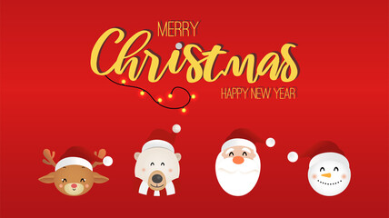 Fototapeta na wymiar Merry Christmas and happy new year cute face Santa Claus and reindeer, White bear, Snowman