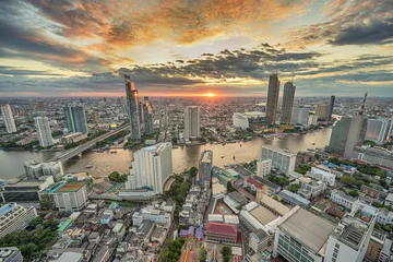 Poster Bangkok Thailand, sunset city skyline at Chao Phraya River and Icon Siam © Noppasinw