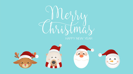 Merry Christmas and happy new year cute face Santa Claus and reindeer, White bear, Snowman.