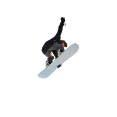 Isolated on white background girl snowboarder doing a jump trick on a snowboard