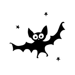 Cute black bat drawn in cartoon flat style. Vector silhouette illustration isolated on white background. For halloween design, greeting card