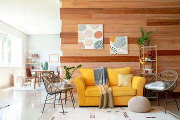 Interior of modern studio apartment with comfortable sofa