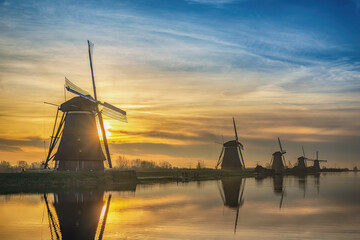 Rotterdam Netherlands, sunrise nature landscape of Dutch Windmill at Kinderdijk Village