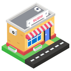 
Commercial eating house, isometric design of sushi restaurant icon
