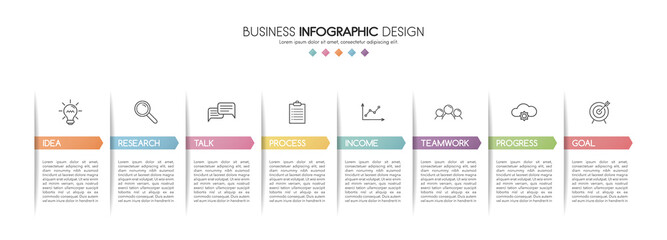 Colourful infographic with 8 steps and business icons. Diagram. Vector