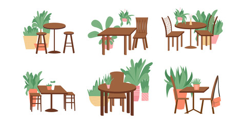 Set of cute and cozy furniture design with home plants vector flat cartoon illustration.