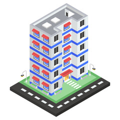 
A local lodging building, a hotel building in isometric icon
