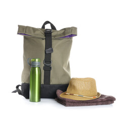 Set of beach accessories on white background