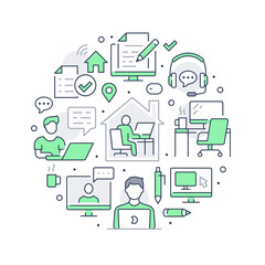 Work from home circle poster with line icons. Vector illustration included icon as freelance worker with laptop, workplace, pc monitor, business man green pictogram for remote job flyer or brochure