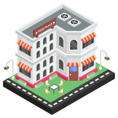 
Commercial eating house, isometric design of pizza place icon
