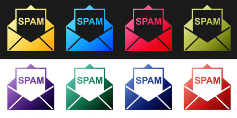 Set Envelope with spam icon isolated on black and white background. Concept of virus, piracy, hacking and security. Vector.
