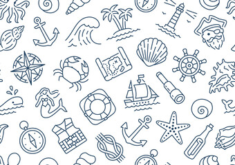 Marine seamless pattern with line icons. Vector background illustration included icon as anchor, sea wave, starfish, shell, lighthouse, ship, mermaid outline navy wallpaper. White, blue color