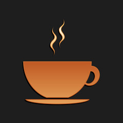 Gold Coffee cup icon isolated on black background. Tea cup. Hot drink coffee. Long shadow style. Vector.