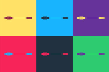 Pop art USB Micro cables icon isolated on color background. Connectors and sockets for PC and mobile devices. Smartphone recharge supply. Vector.