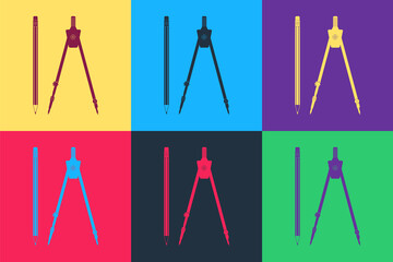 Pop art Drawing compass and pencil icon isolated on color background. Education sign. Drawing and educational tools. Geometric equipment. School office. Vector.