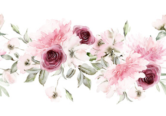 Seamless summer pattern with watercolor flowers handmade.